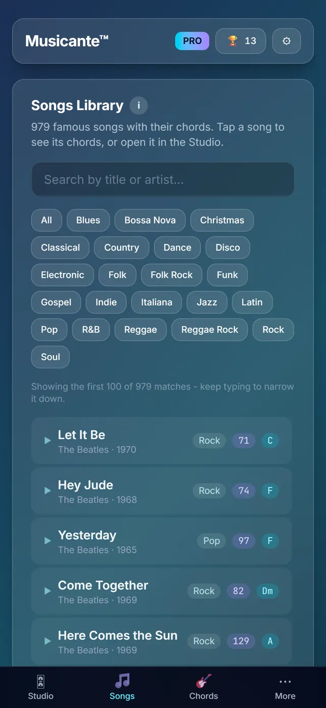 The Songs Library screen: searching "let it be" with a genre filter, showing one real match with its key and tempo.